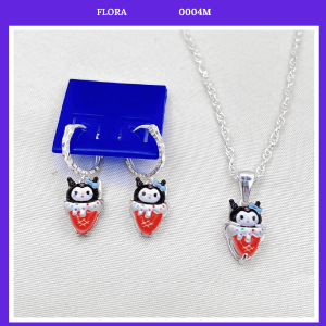 FLORA 0004M - Set bạc ta dây chuyền bông tai hình Kuromi màu đen dành cho bé gái