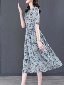 Floral Print Chiffon Dress Womens Summer 2025 Waist Cinched A-Line Short Sleeve Midi Length Skirt Korean Style High Waist