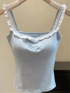 Áo Ba Lỗ Ren Xanh Dopamine Có Đệm Ngực Áo Ba Lỗ Nữ Mùa Hè Áo Khoác Ngoài Áo Lót Ngọt Ngào Cay Nồng Áo Khoác Trên Lưng