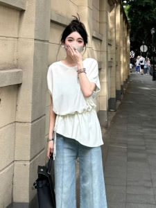 BINKAFENNY | Shoulder Baring White Short Sleeve T-Shirt Womens Loose Plus Size Slimming Top Summer New Style Korean Version Round Neck Tee