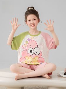 MiiOW | Pure Cotton Cat Girls Sleepwear Short Sleeve Shorts Set Breathable Summer Home Clothes Cute Cartoon Style A-Class Childrens Wear