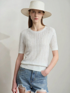 AMII | Casual Round Neck Twisted Pattern Hand-Set Rhinestones Short Sleeve Loose Sweater
