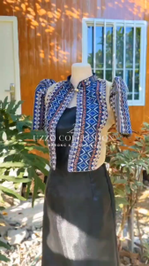 UZZO Bolero Modern Filipiñana Top Blazer Batik Sampaguita Mocha Beige Black Woven Sleeves Blouse Elegance Womenswear