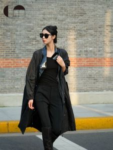 Autumn Winter Pleated Texture Black Casual Long Womens Trench Coat