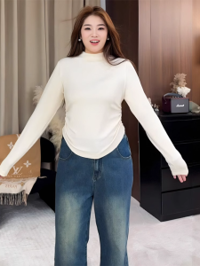 plus Size Long Sleeve Knitted T-Shirt Womens Loose Fit Semi-High Collar Base Layer Shirt Korean Style Commute Fashion