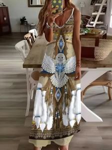 Printed Design Four Seasons casual style Owl Feather Tribal Pattern Dress V-neck sling dress