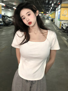 Slim Fit Short Sleeve T-Shirt Womens Summer New Style plus Size White Square Collar Slimming Short Length Fashion Top