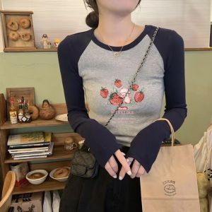 Retro American Shoulder Sleeve Short Base Shirt T-shirt Womens Autumn New Design Slim Fit Color Block Long Sleeve Top