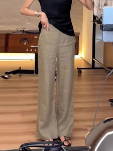 Khaki Wide Leg Pants Womens Summer Thin New Large Size Cotton Linen Nine Points Trousers High Waist Straight Cut Commute Style