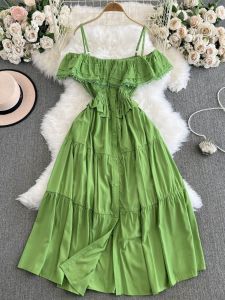 Vintage Pháp Viền Bèo Bọc Tay Áo Đầm Nữ Mùa Hè Mới Nhỏ Thiết Kế Cảm Giác Vòng Eo Ở Midi Dài Thon Gọn