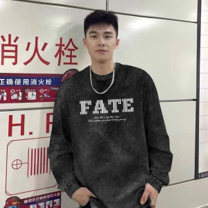 Retro American Long Sleeve T-Shirt Mens Spring Autumn Loose Pure Cotton Couple Base Shirt Top Breathable round Neck Print