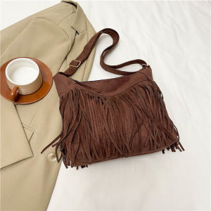 Bohemian American Style Faux Suede Matte Tassel Saddle Bag Fashionable Single Shoulder Crossbody Bag for Young Adults