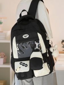 OUDENGPAI | Túi xách nữ màu đen dung tích lớn chống thấm nước phong cách đại học hai vai Túi xách học sinh trung học cơ sở