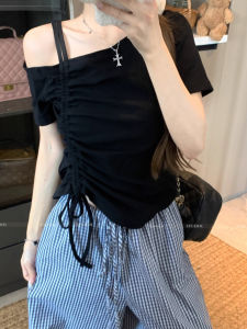 plus Size Womens Drawstring Waist Asymmetrical Neckline Shoulder Bared Top Korean Style Slimming Summer Fashionable Cotton Blend