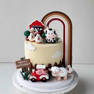 Rainbow Farm Cake Topper Set Soft Rubber Cow/Pig/Sheep Figurines with Cottage  Tractor Toppers for Birthdays Baby Showers