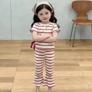 Melario | New Summer Korean Fashion Childrens Clothing Round Neck Lace Striped Top+Pants Casual Daily Girls Set for 2-7 Years Old