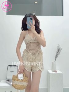 Đồ bơi nữ bikini 3 món ren móc quảng châu mẫu mới phong cách vintage đồ đi biển bikini kín đáo