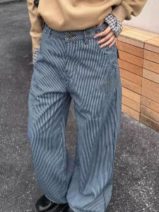 American Original Embroidered Retro Casual Vertical Striped Jeans Mens Straight Loose Lazy Long Pants Slimming Effect