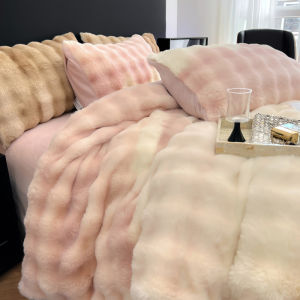 Gradual Change Rabbit Fluff Winter Double-sided Thick Warm Bed Sheet and Duvet Cover Set