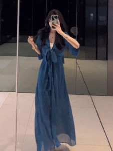 Karrar betsey | Blue V-neck Tulle Dress Womens Summer 2025 New Style High Waist A-line Skirt Sweet Style Karrar betsey Brand Polyester Fiber