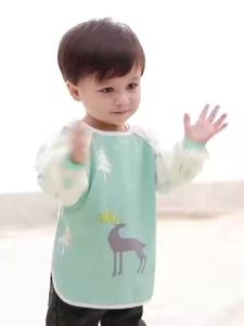 พร้อมส่ง!!! ผ้ากันเปื้อนเด็กแขนยาวD024 กันน้ำ มีกระเป๋ารองอาหาร ทำความสะอาดง่าย