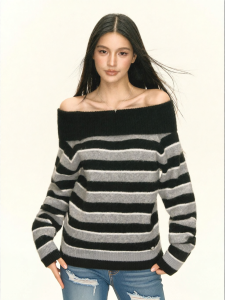Ariseism | Áo Sweater Sọc Đơn Vai Thiết Kế Retro Gọn Gàng