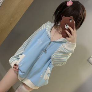 Áo Khoác Dài Tay Có Mũ Trùm Đầu Họa Tiết Sọc Dễ Thương Phong Cách Nhật Bản Chú Mèo Cuddle up Áo Khoác Ngắn Cho Nữ Mùa Thu