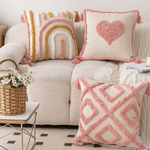BUYNOW Pink Tufted Love Rainbow Lozenge Pillowcase Lovely Bohemian Living Room Sofa Cushion Cover Home Bedroom Pillowcase Decor