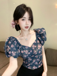 GUZILIAN | Retro Korean Style Floral Print Off Shoulder Chiffon Top Womens Summer Slim Fit Bubble Sleeve Square Neckline Trendy Blouse