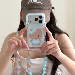 Sanrio | Ins Cute Pixel Hello Kitty Polka Dot Phone Case With Blue Bead Wrist Strap Pendant Shockproof Cover For iPhone 16 15 17 Pro Max