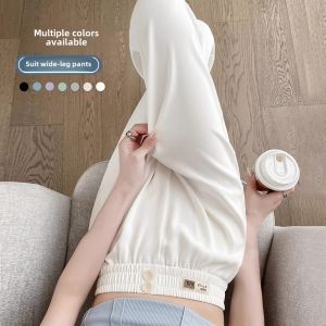 High Waist Straight Leg Suit Pants Women Summer Thin Ice Silk Drape Elastic Waist Casual Wide Leg Pants Korean Style Commute