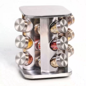 Rotatable 12-Jar Spice Bottles Carousel Stainless Steel Combination Seasoning Glass Bottle Rack Set TH