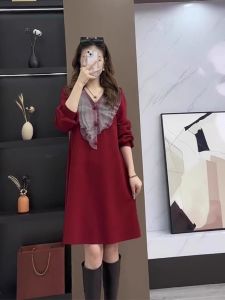 plus Size Knitted Princess Style Sweater Dress Red Lucky Year Base Layer Dress for Plump Sister Anti-Aging Doll Collar Dress