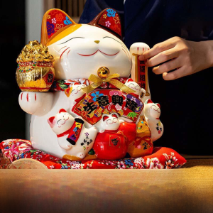 Lucky Cat Figurine Ceramic Hand-Shaking Desktop Decoration Front Desk Cashier Home Automatic Wave Hand Gift for Store Opening