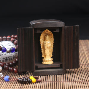 Ebony Wood Buddha Box with Velvet Sand Gold Buddha Statue Portable Mini Buddha Temple Perfect for Home Decor Engraving