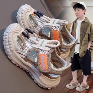 Boys Breathable Mesh Sports Shoes Summer New Style Hollow out Beach Sandals Anti-Slip Rubber Sole Comfortable Synthetic Leather