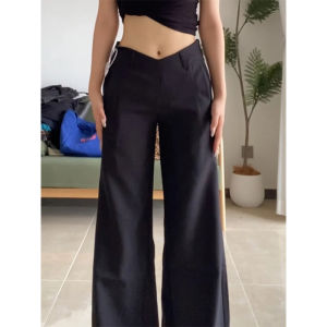 Quần Ống Rộng Cạp Thấp Màu Đen Thường Ngày Cho Nữ Mùa Xuân Thu Quần Ống Rộng Dài Đến Sàn Cạp Cao Ôm Sát Cơ Thể