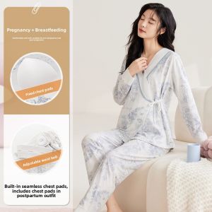 Miiow | Maternity Sleepwear Womens Summer Thin Home Clothes With Chest Pad Spring Autumn Postpartum Nursing Pregnant Cotton V-neck Long Sleeve