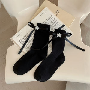 Korean Style Cute Girly Style Ribbon Bows Tube Socks Spring and Summer Easiest for Match Black and White Pure Color Student JK Bunching Socks