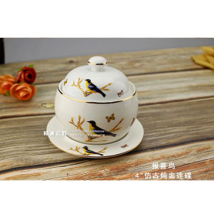 High-End Hotel Special Birds Nest Dessert Water Insulation Stew Pot Bone China Gold Rimmed Buddha Jumps over the Wall Slow Cooker Ceramic Small Tureen with Lid