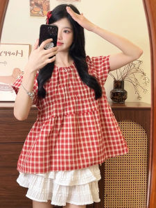 Retro Red Plaid Short Sleeve T-Shirt Women Early Spring Date Sweet Loose Doll Shirt Flying Sleeve Classic Cotton Polyester Blend