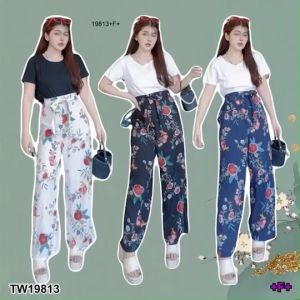 ชิ้นเสื้อยืด กางเกงขายาวพิมพ์ดอกผูกเอว 2 ชิ้น