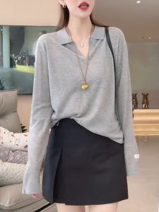 UYFY | Gray Turn-down Collar Long Sleeve Loose Slimming Casual Womens Shirt