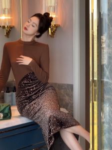 Váy nữ ZYHT EraVogue Váy nâu Váy đuôi cá Váy sequin Váy bảo hộ lao động Váy Hiso Váy cổ điển Váy bảo hộ lao động Váy dạ hội 45022