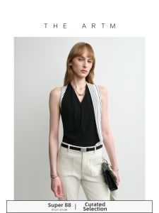 Waist-Cinching Vest Knot-Design V-Neck Color-Block Sleeveless Blouse
