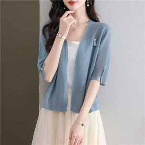 Summer Ice Silk Half Sleeve V-Neck Knitted Shawl Womens Lightweight Cardigan Short Length Outerwear for Dresses Sun Protection