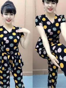 Fashionable Casual Short Sleeve Two-Piece Set for Women Polyester Fiber round Neck Mommy Clothes Age-Reversing Trendy Outfit