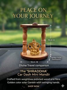 Mini car dash board wooden altar and fibre solar swinging hands Ganesha. Size 11cmx10cm. Perfect for office table and kids study table too.
