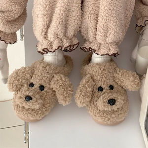 Thin Strip Couple Cute Cartoon Bear Cotton Slippers Men and Women Winter For Home Non-Slip Warm Plush Confinement Shoes