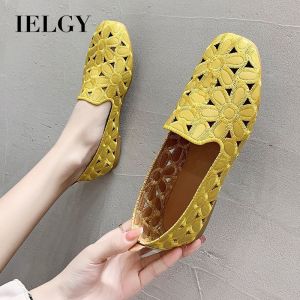 IELGY square toe shoes womens hollow flat shallow mouth casual shoes